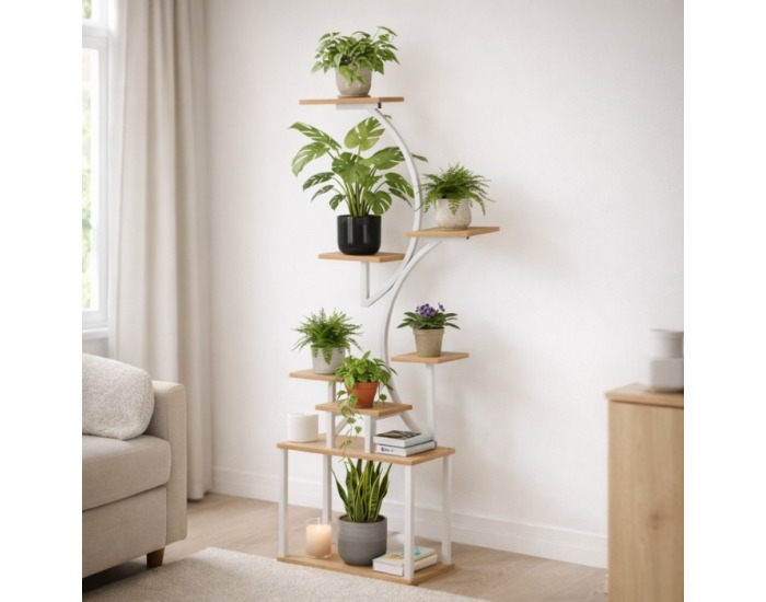 Kovový stojan na kvety Florel - biela / dub sonoma