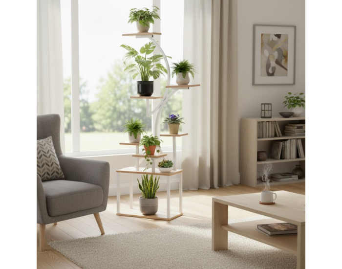 Kovový stojan na kvety Florel - biela / dub sonoma