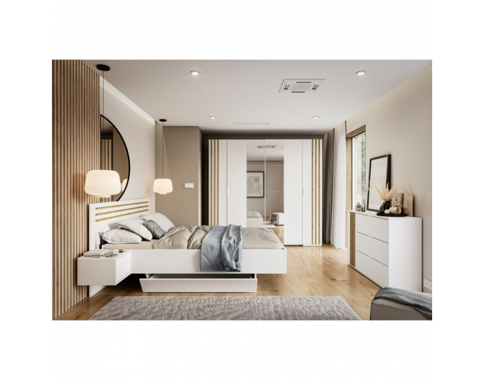 Štvordverová šatníková skriňa so zrkadlom Florens 2D - biela / dub artisan