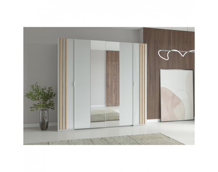 Štvordverová šatníková skriňa so zrkadlom Florens 2D - biela / dub artisan