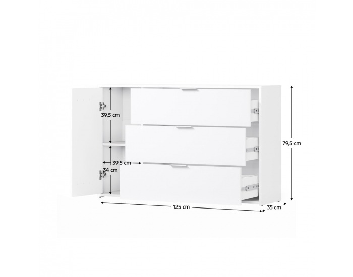 Jednodverová komoda so zásuvkami Florens 1D3S - biela / dub artisan