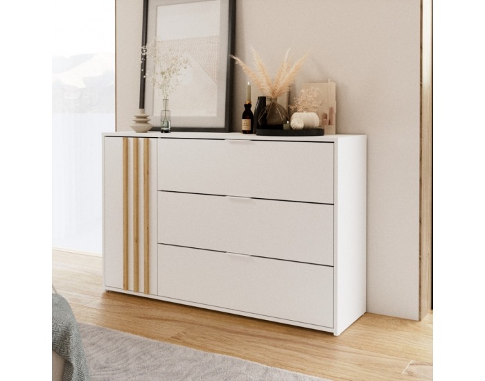 Jednodverová komoda so zásuvkami Florens 1D3S - biela / dub artisan