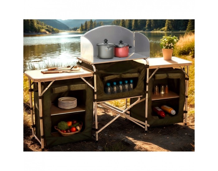 Skladacia kempingová kuchyňa Gafna - čierna / béžová / strieborná
