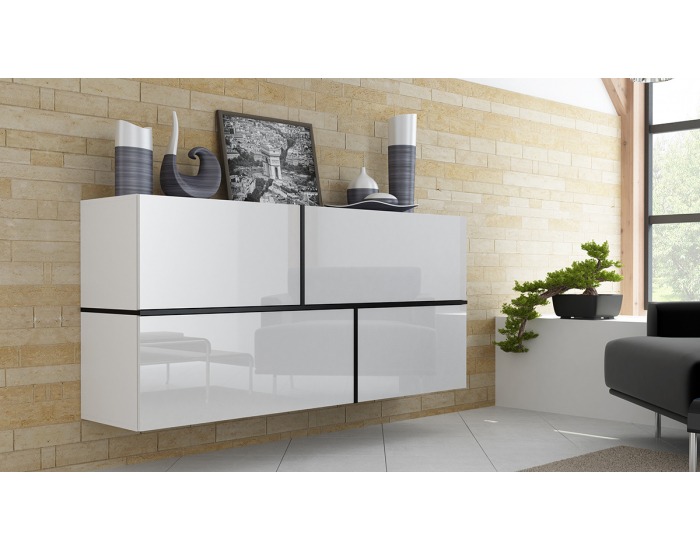 Komoda na stenu Goya - biela / biely lesk / čierna