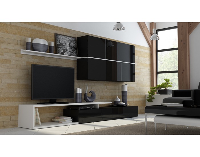 Komoda na stenu Goya - čierna / čierny lesk / biela