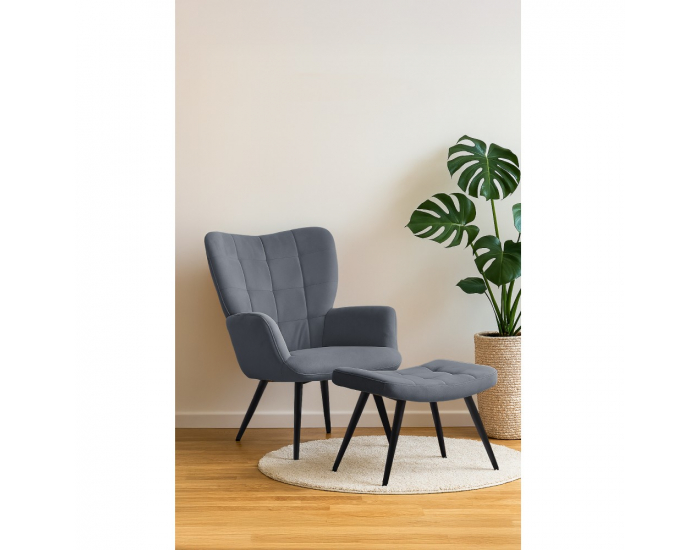 Kreslo s podnožou Haben - sivá (Velvet) / čierna