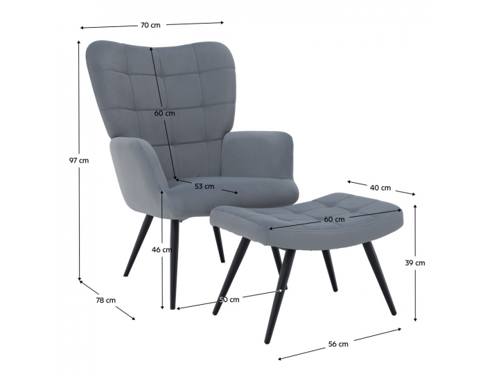 Kreslo s podnožou Haben - sivá (Velvet) / čierna