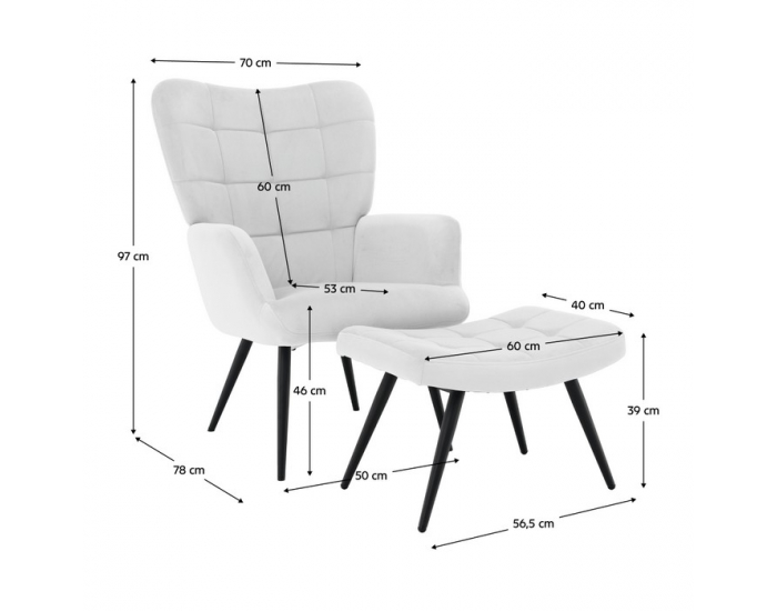 Kreslo s podnožou Haben - svetlosivá (Velvet) / čierna