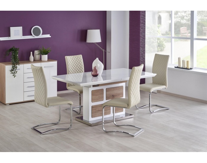 Rozkladací jedálenský stôl Domus - biely lesk / dub san remo