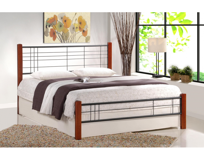 Kovová manželská posteľ s roštom Viera 160 - čerešňa antická / čierna