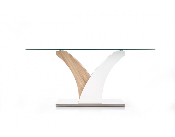 Sklenený jedálenský stôl Vilmer - dub sonoma / biely lesk / priehľadná