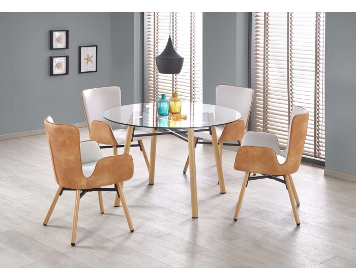 Okrúhly sklenený jedálenský stôl Yukon - priehľadná / buk