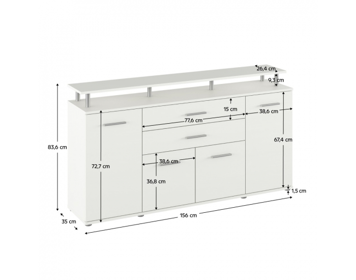 Štvordverová komoda so zásuvkami Hanola - biela