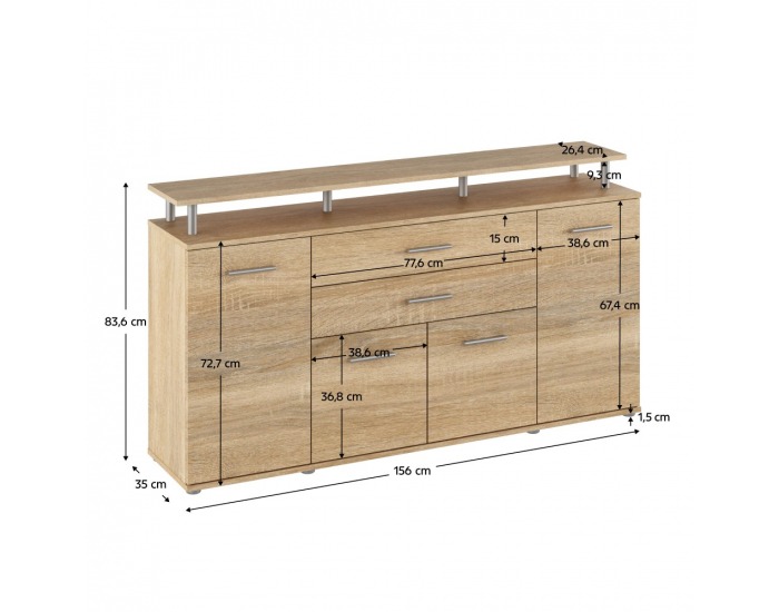 Štvordverová komoda so zásuvkami Hanola - dub sonoma