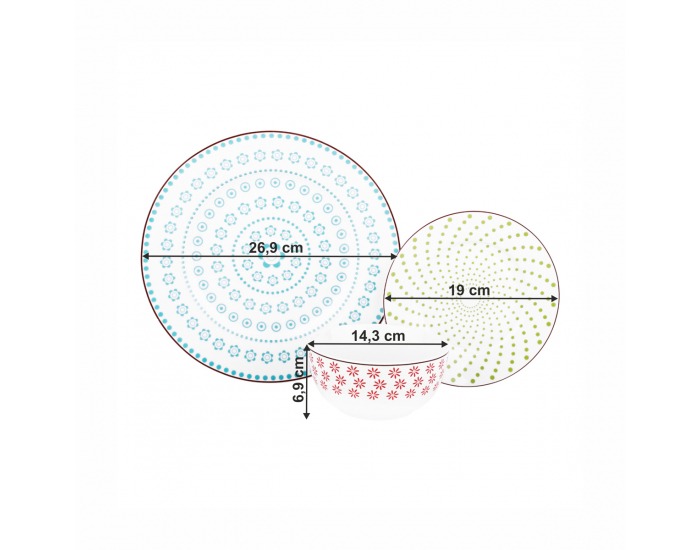 Porcelánová jedálenská súprava (12 ks) Hardy - biela / modrá / červená / zelená