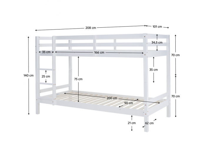 Drevená poschodová posteľ Ineza 90x200 cm - biela