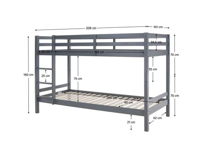Drevená poschodová posteľ Ineza 90x200 cm - sivá