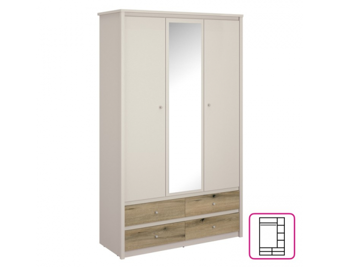 Trojdverová šatníková skriňa so zrkadlom Karos 3D4S - kašmír / dub evoke
