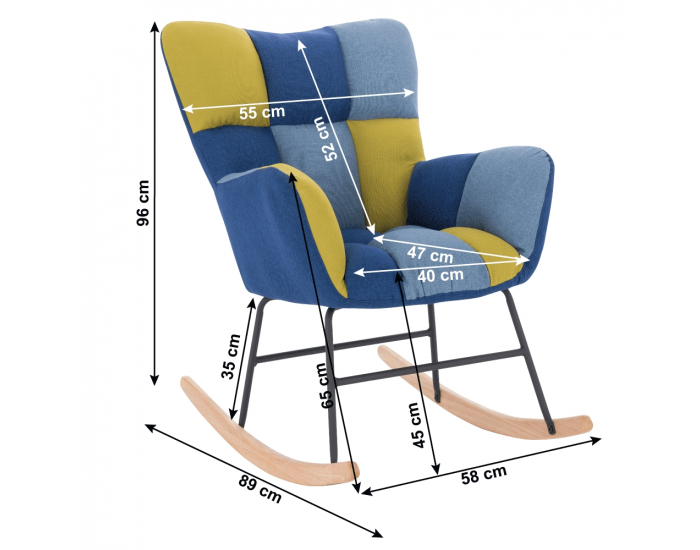 Dizajnové hojdacie kreslo Kemaro - modrozelený patchwork / čierna / prírodná