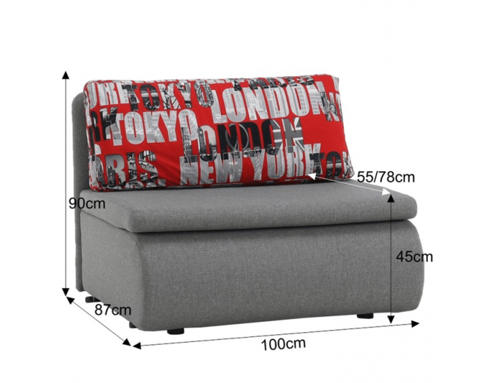 Rozkladacie kreslo s úložným priestorom Keny New - sivá / vzor (Tokyo red)