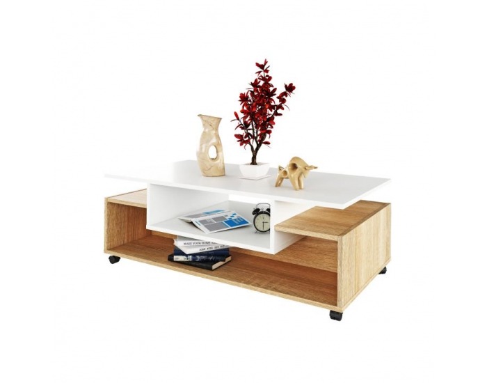 Konferenčný stolík na kolieskach Dalen - biela / dub sonoma