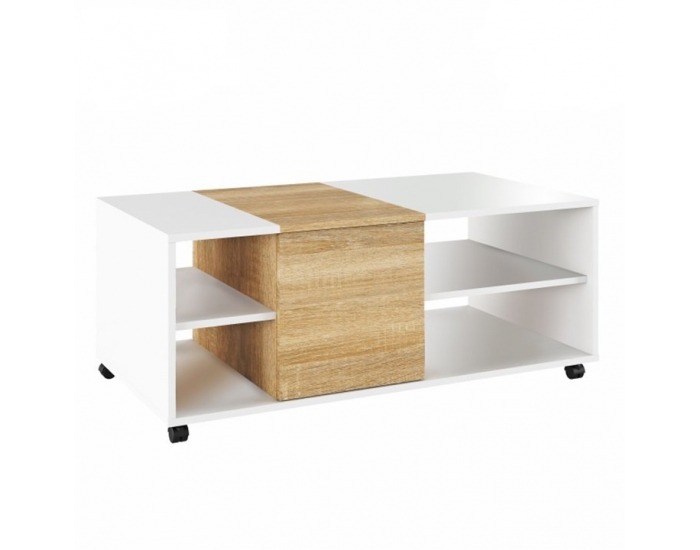 Konferenčný stolík na kolieskach Delimaro - biela / dub sonoma