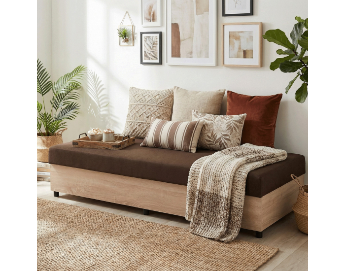 Jednolôžková posteľ (váľanda) s úložným priestorom Konri - dub sonoma / hnedá