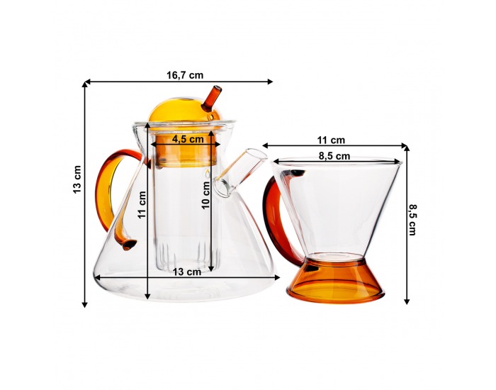 Sklenený čajník so sitkom a šálkou Konvo 500 + 180 ml - priehľadná / hnedá