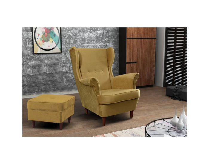 Kreslo (ušiak) Rufino - béžovozlatá / orech