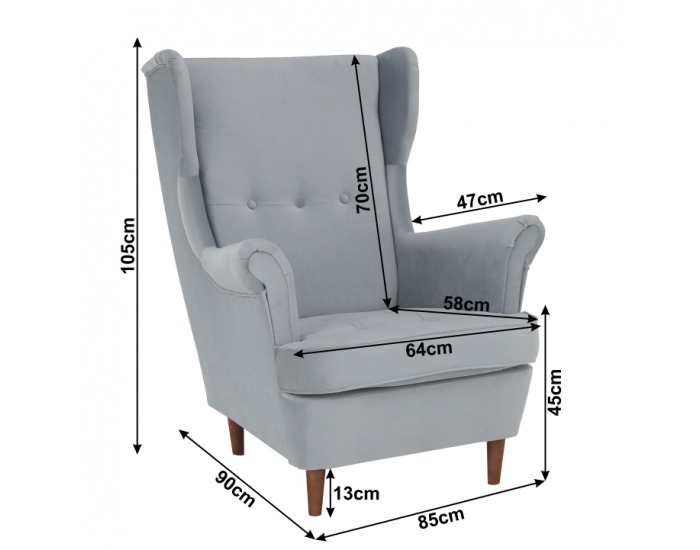 Kreslo (ušiak) Rufino - svetlosivá / orech