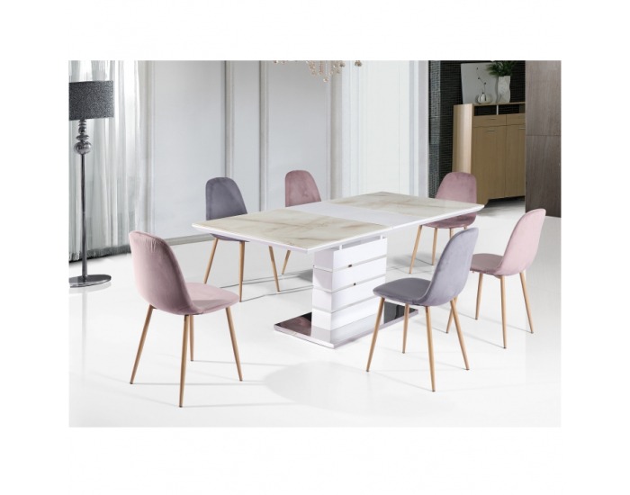 Rozkladací jedálenský stôl Lajos - mramorový vzor / biely lesk