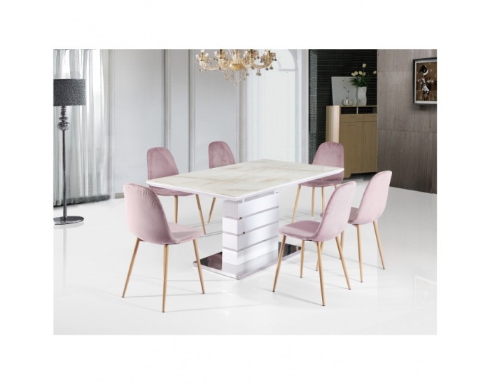 Rozkladací jedálenský stôl Lajos - mramorový vzor / biely lesk