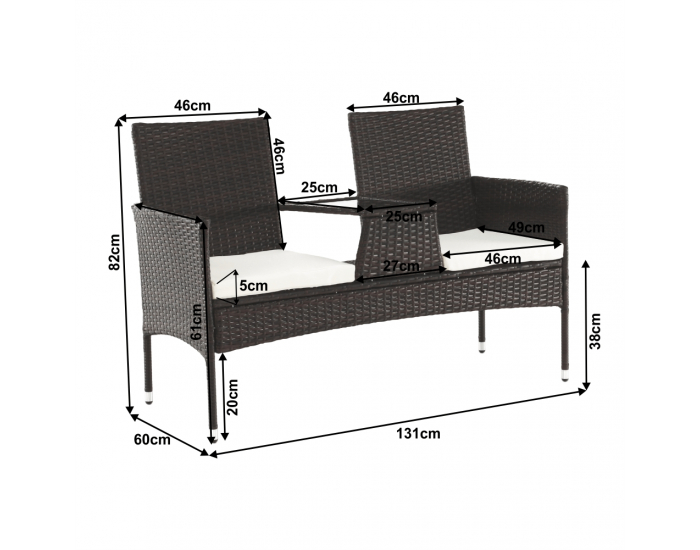 Záhradná dvojsedačka z umelého ratanu so stolíkom Lalit - hnedá / krémová