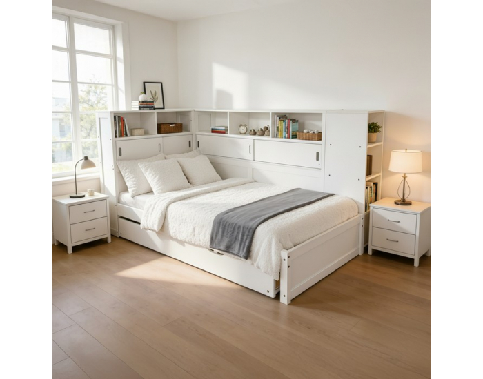 Jednolôžková posteľ s regálmi a prístelkou Lendon 90x200 cm - biela