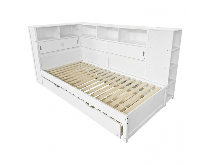 Jednolôžková posteľ s regálmi a prístelkou Lendon 90x200 cm - biela