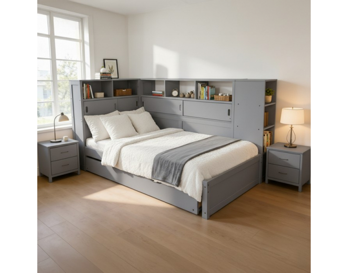 Jednolôžková posteľ s regálmi a prístelkou Lendon 90x200 cm - sivá