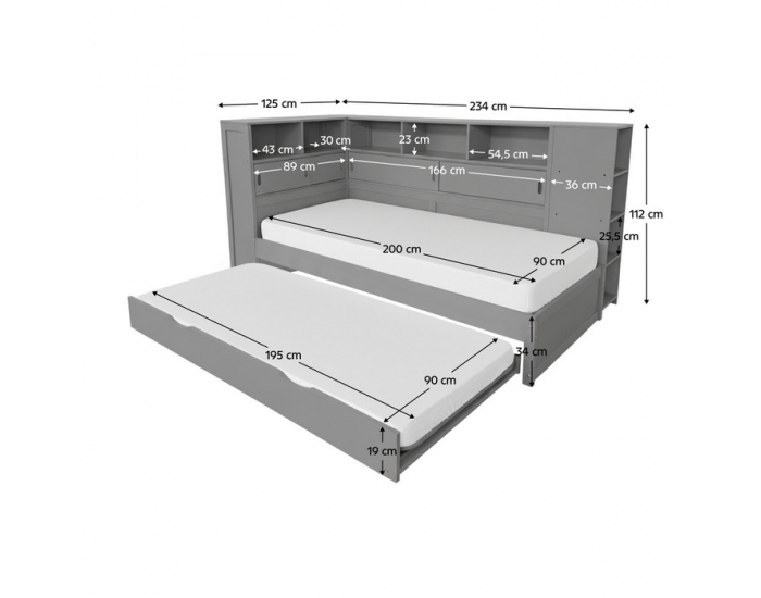 Jednolôžková posteľ s regálmi a prístelkou Lendon 90x200 cm - sivá