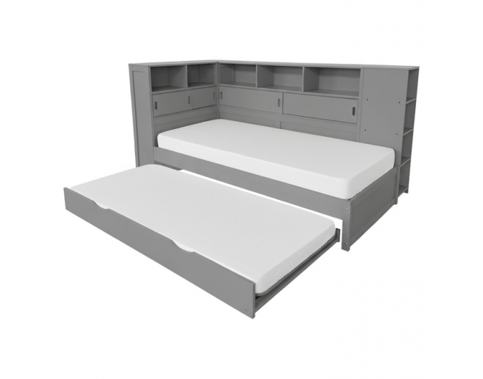 Jednolôžková posteľ s regálmi a prístelkou Lendon 90x200 cm - sivá