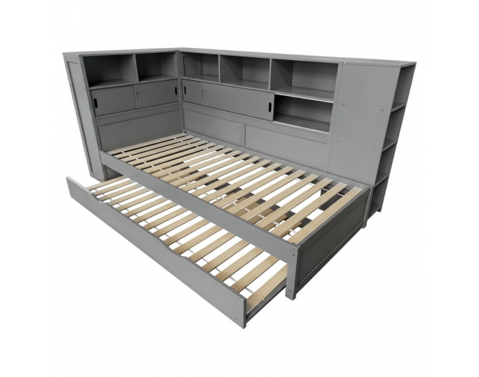 Jednolôžková posteľ s regálmi a prístelkou Lendon 90x200 cm - sivá
