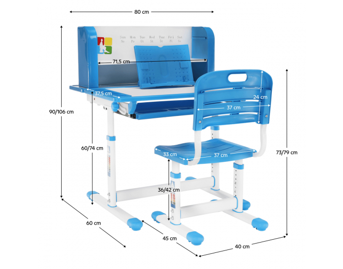 Rastúci písací stolík so stoličkou Leran - modrá / biela