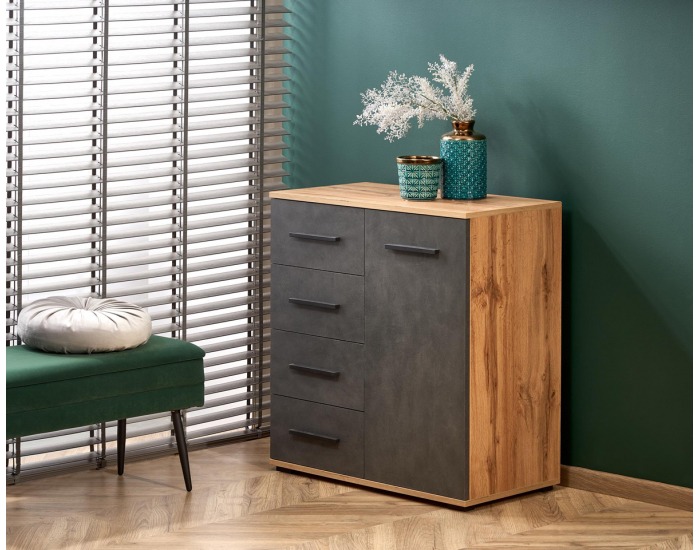 Jednodverová komoda so zásuvkami Lima KM2 - dub wotan / sivá