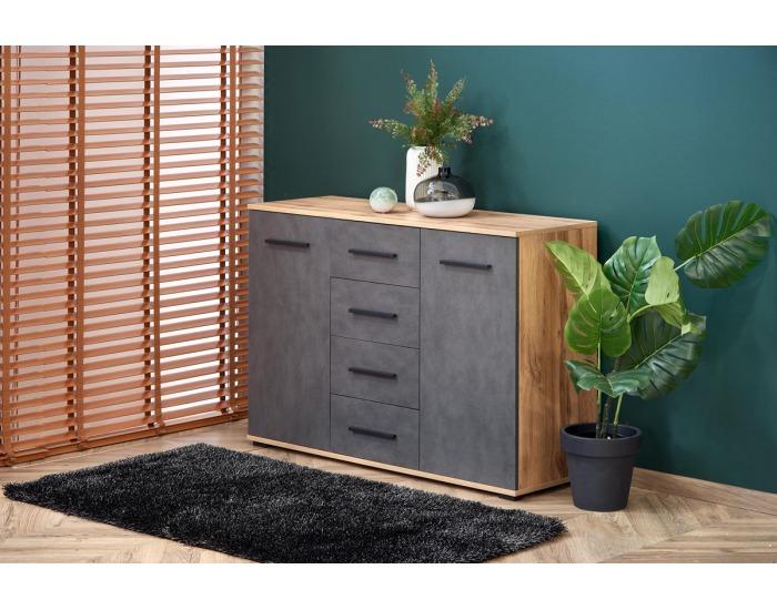 Dvojdverová komoda so zásuvkami Lima KM4 - dub wotan / sivá