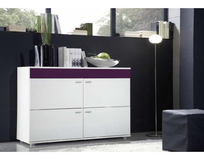 Komoda Logo II - biela / biely lesk / fialový lesk