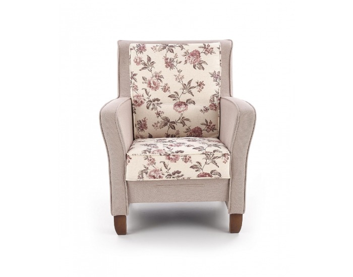 Kreslo London - béžová / vzor kvety / orech