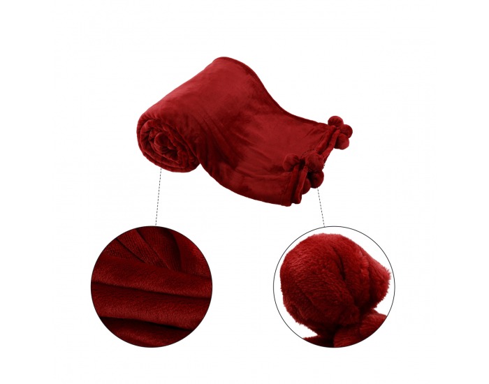 Plyšová deka s brmbolcami Luang 150x200 cm - bordová