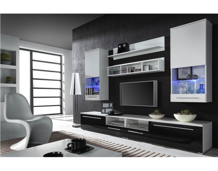 Obývacia stena Luna - biela / biely lesk / čierny lesk