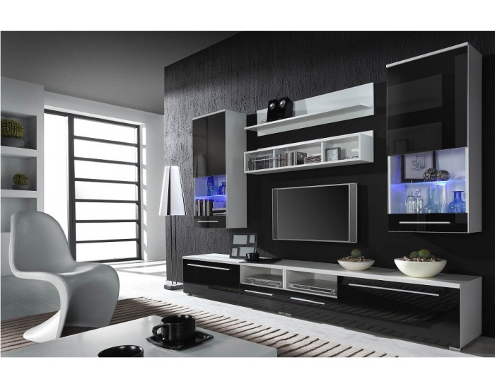 Obývacia stena Luna - biela / čierny lesk