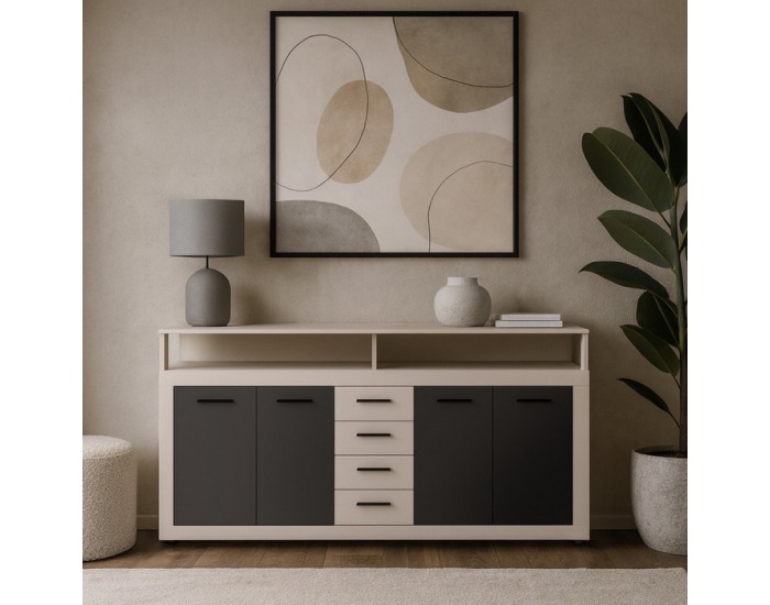 Štvordverová komoda so zásuvkami Lunysa - kašmír / čierna