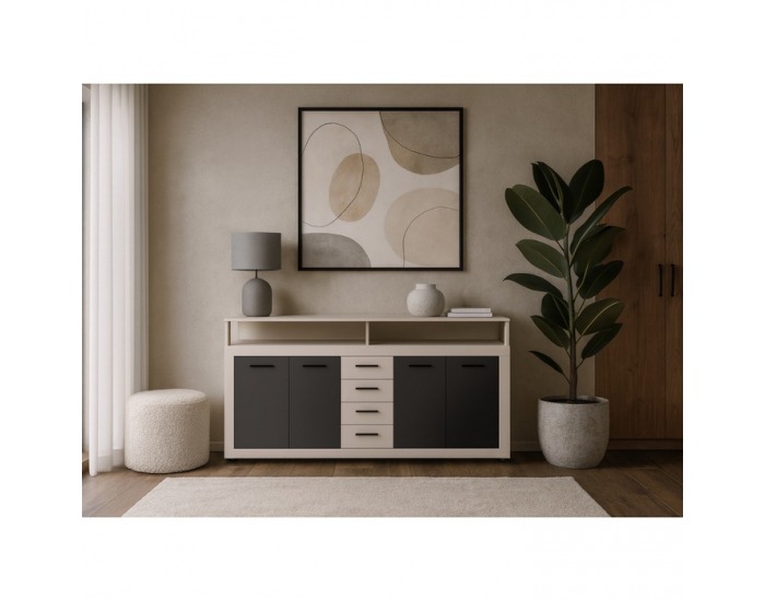 Štvordverová komoda so zásuvkami Lunysa - kašmír / čierna