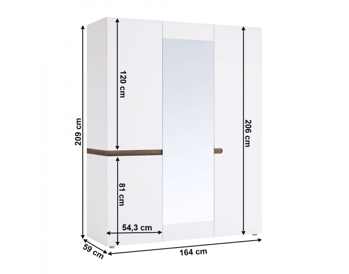 Šatníková skriňa so zrkadlom Lynatet 22 3D - biela / biely vysoký lesk / dub sonoma truflový